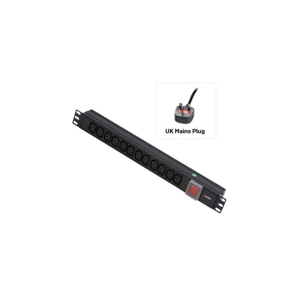Lindy 1U 12 Way IEC Sockets, Horizontal PDU with UK Mains Plug