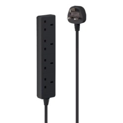 2m 4-Way UK Mains Power Extension, Black