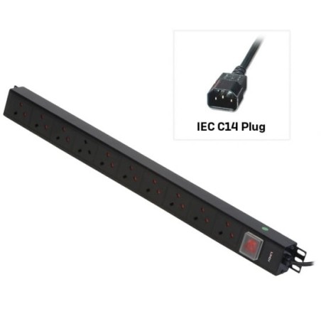 10 Way UK Mains Sockets, Vertical PDU with IEC Mains Cable