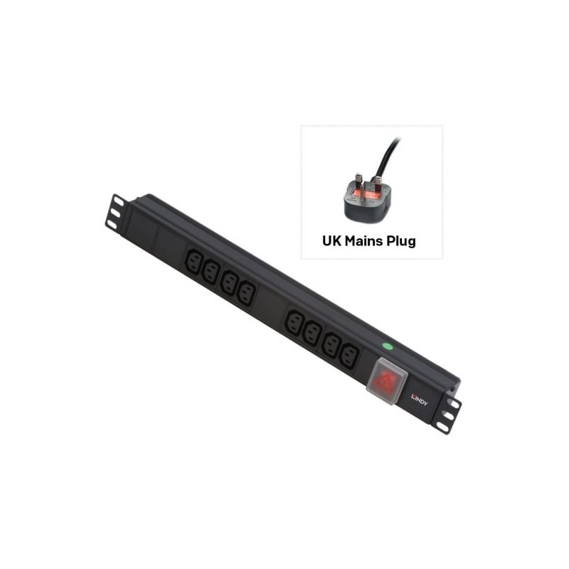 1U 8 Way IEC Sockets, Horizontal PDU with UK Mains Plug 1U 8 Way IEC Sockets, Horizontal PDU with UK Mains Plug