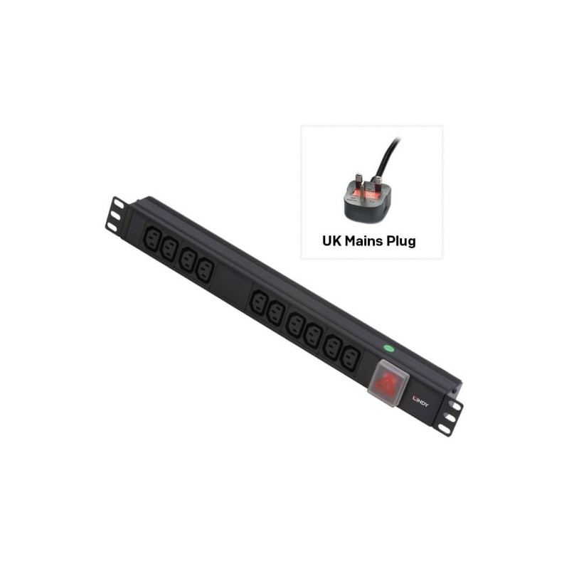 1U 10 Way IEC Sockets, Horizontal PDU with UK Mains Plug