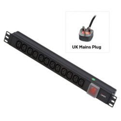 1U 12 Way IEC Sockets, Horizontal PDU with UK Mains Plug