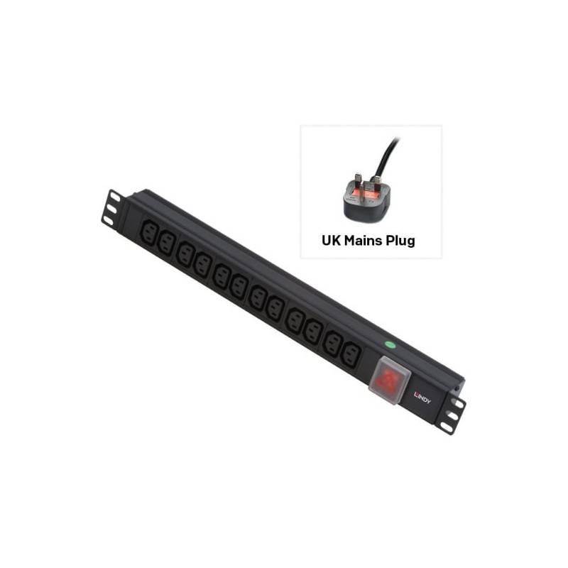 1U 12 Way IEC Sockets, Horizontal PDU with UK Mains Plug