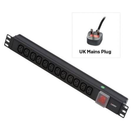 1U 12 Way IEC Sockets, Horizontal PDU with UK Mains Plug