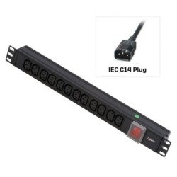 1U 12 Way IEC Sockets, Horizontal PDU with IEC Mains Cable