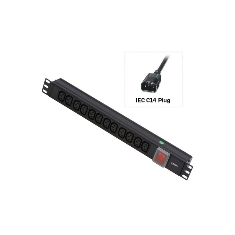 1U 12 Way IEC Sockets, Horizontal PDU with IEC Mains Cable