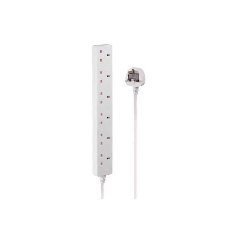 2m 6-Way UK Mains Power Extension, White