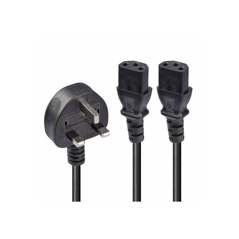 2.5m UK 3 Pin Plug to 2 x IEC C13 Splitter Extension Cable, Black 2.5m UK 3 Pin Plug to 2 x IEC C13 Splitter Extension Cable, Black