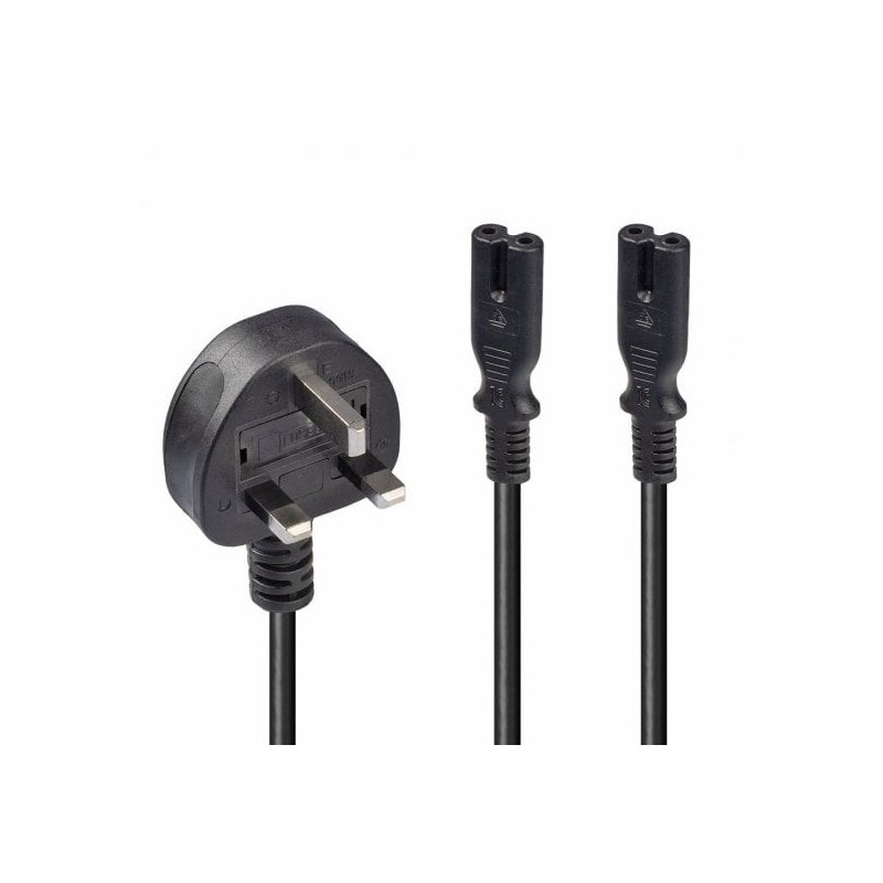 2.5m UK 3 Pin Plug to 2 x IEC C7 Splitter Extension Cable, Black