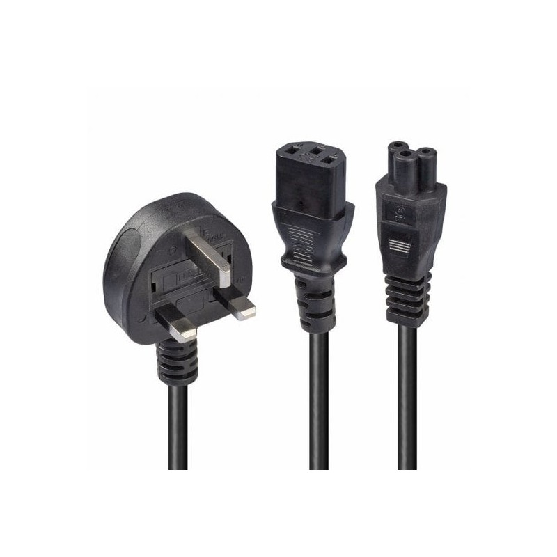 2.5m UK 3 Pin Plug to IEC C13 and IEC C5 Splitter Extension Cable, Black 2.5m UK 3 Pin Plug to IEC C13 and IEC C5 Splitter Extension Cable, Black
