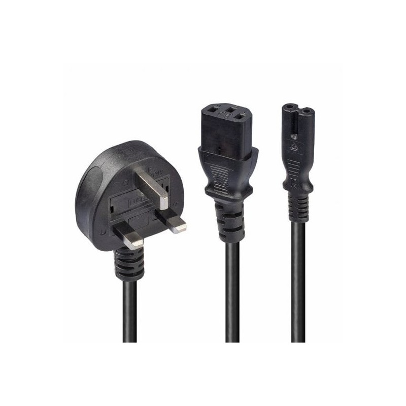2.5m UK 3 Pin Plug to IEC C13 and IEC C7 Splitter Extension Cable, Black 2.5m UK 3 Pin Plug to IEC C13 and IEC C7 Splitter Extension Cable, Black