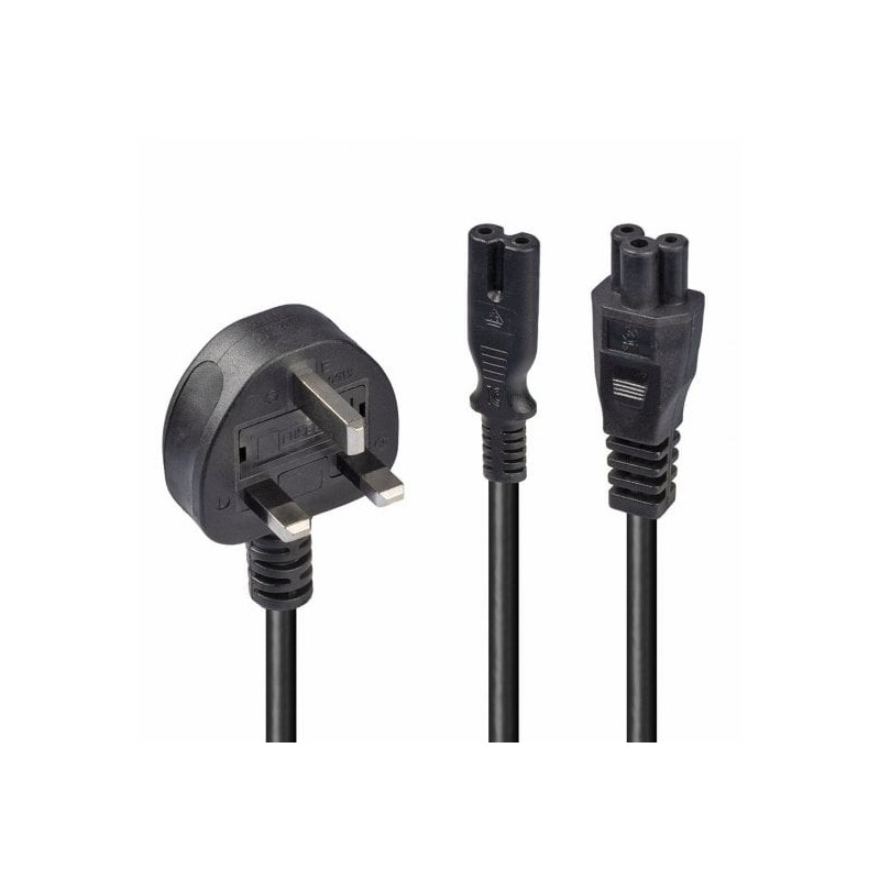 2.5m UK 3 Pin Plug to IEC C5 and IEC C7 Splitter Extension Cable, Black 2.5m UK 3 Pin Plug to IEC C5 and IEC C7 Splitter Extension Cable, Black