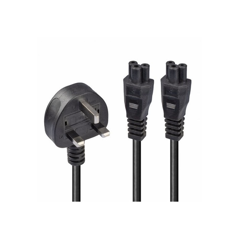 2.5m UK 3 Pin Plug To IEC 2 x C5 Splitter Extension Cable, Black 2.5m UK 3 Pin Plug To IEC 2 x C5 Splitter Extension Cable, Black