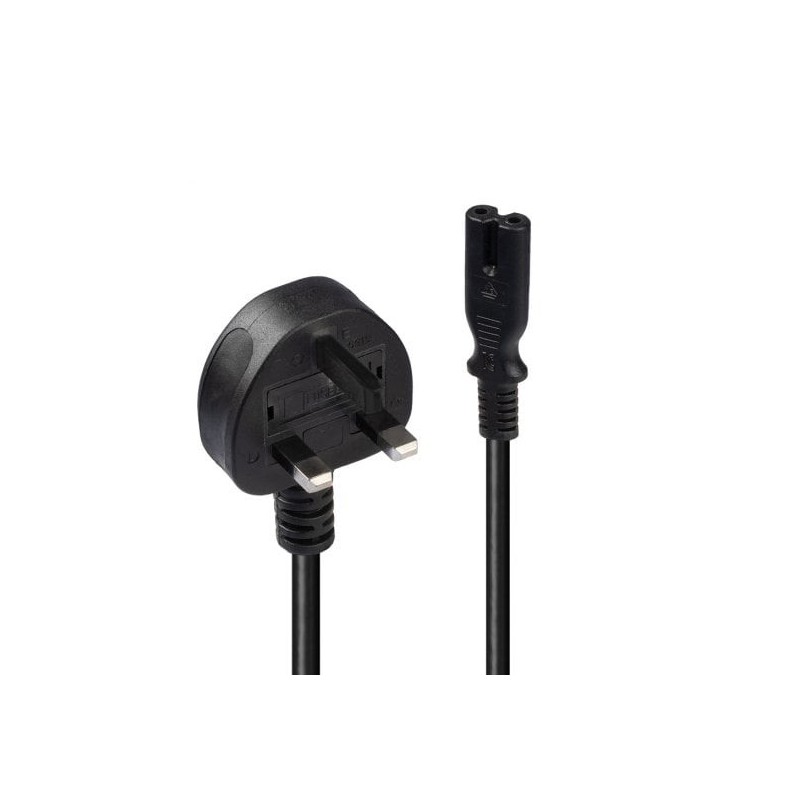 1m UK 3 Pin Plug To IEC C7 Mains Power Cable, Black