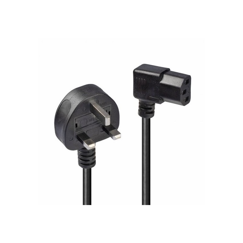 1m UK 3 Pin Plug to Right Angled IEC C13 Mains Power Cable, Black
